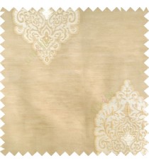 Beige cream white color traditional decorative designs big damask patterns swirls small circles texture finished polyester transparent fabric sheer curtain
